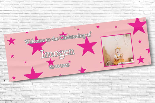 Personalised Pink Star Christening Banner with any photo and text
