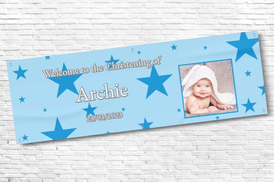 Personalised Blue Star Christening Banner with any photo and text