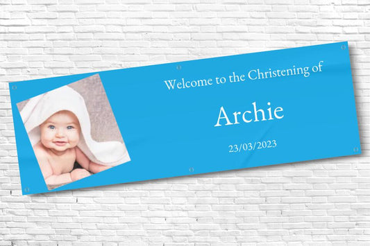 Personalised Blue Christening Banner with any photo and text