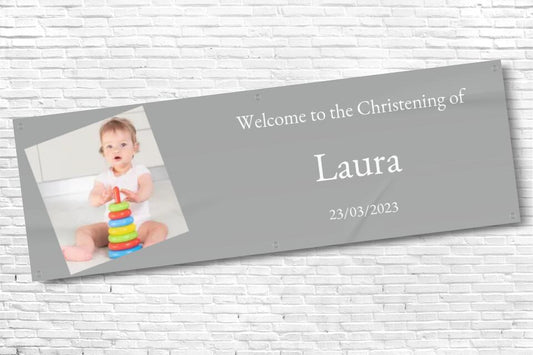 Personalised Grey Christening Banner with any photo and text