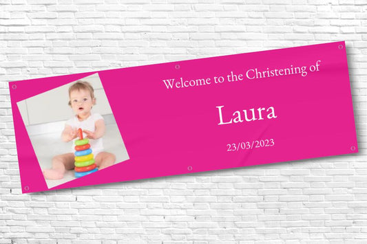 Personalised Pink Christening Banner with any photo and text