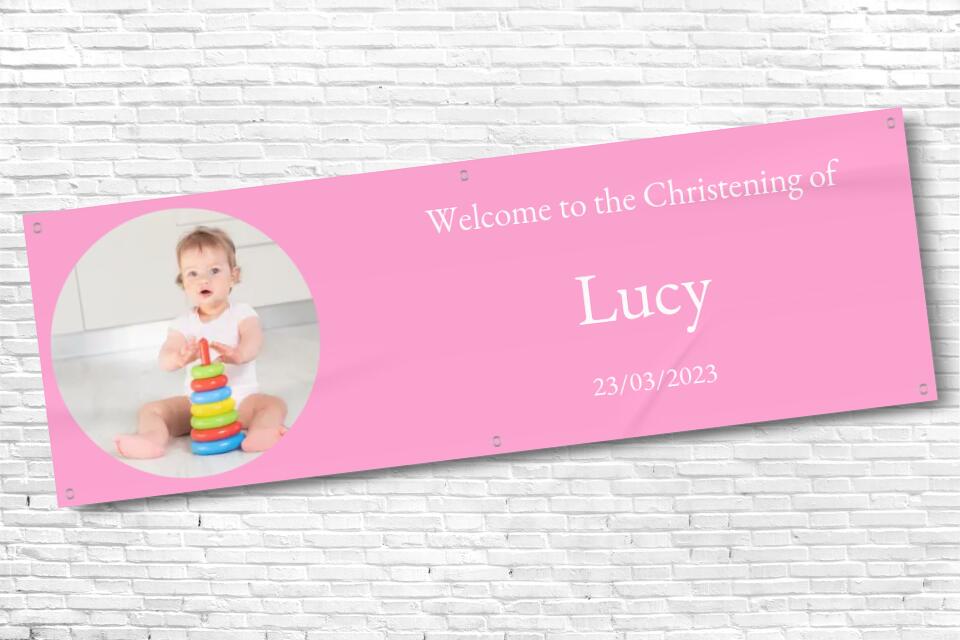 Personalised Light Pink Christening Banner with any photo and text