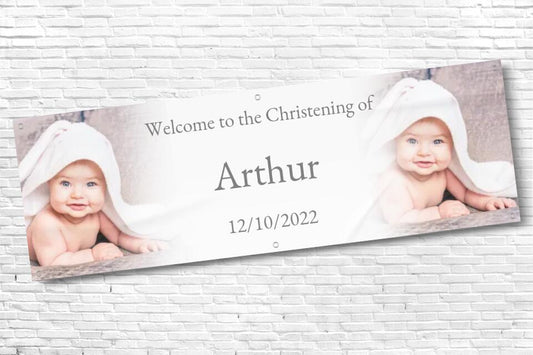 Personalised twin Photo with fade Christening Banner with Grey Text