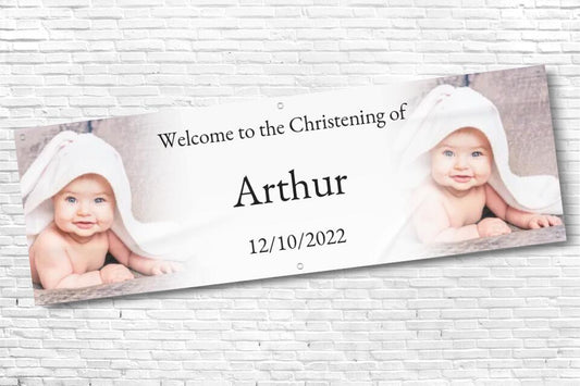 Personalised twin Photo with fade Christening Banner with Black Text