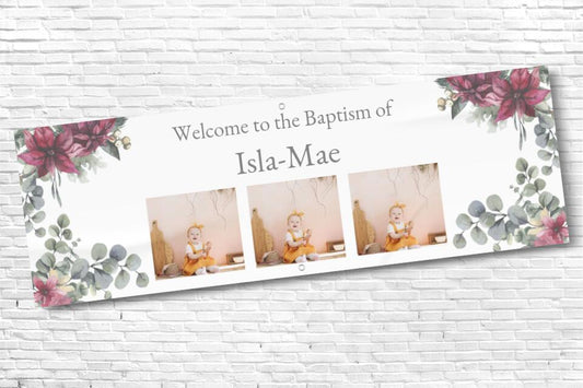 Personalised Floral Triple Photo Baptism Banner with any text