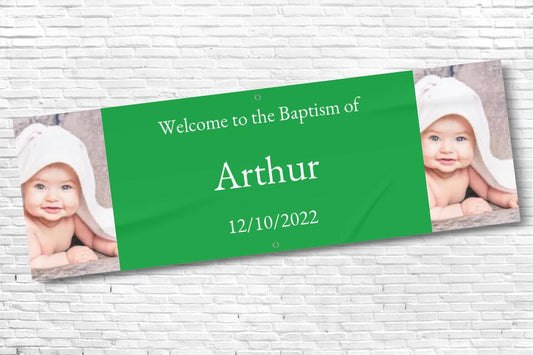 Personalised Green twin Photo Baptism Banner with any text