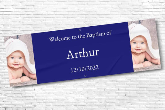 Personalised Navy twin Photo Baptism Banner with any text
