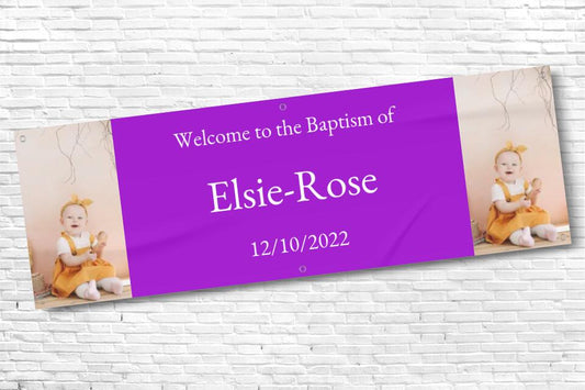 Personalised Purple twin Photo Baptism Banner with any text