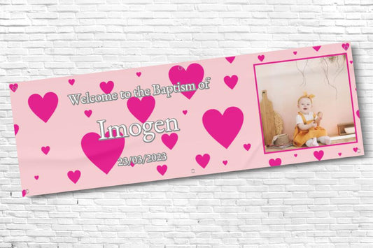 Personalised Pink heart Baptism Banner with any text and photo