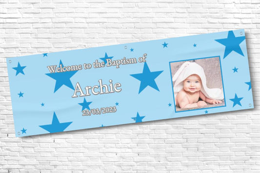 Personalised Blue star Baptism Banner with any text and photo