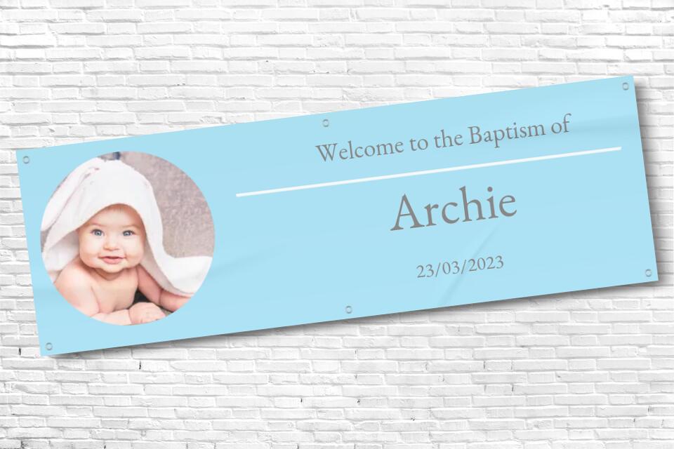 Personalised Light Blue Baptism Banner with any text and photo