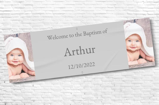 Personalised Grey twin Photo Baptism Banner with any text