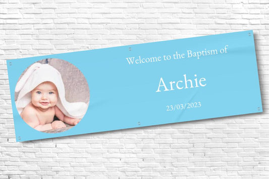 Personalised Sky Blue Baptism Banner with any text and photo