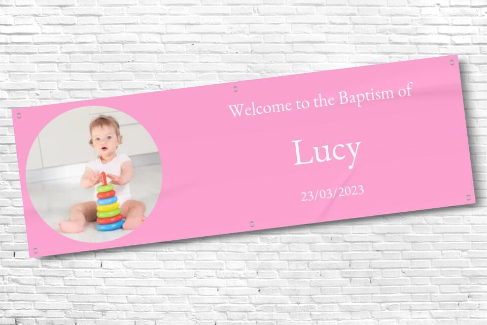 Personalised Baptism Banner Light Pink with any text and photo
