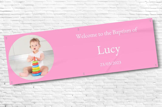 Personalised Baptism Banner Light Pink with any text and photo