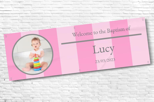 Personalised Baptism Banner Pink Stripe with any text and photo