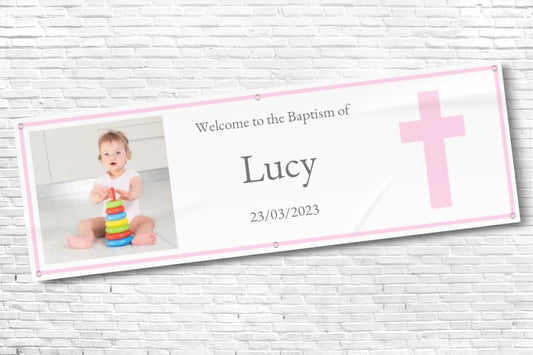 Personalised Baptism Banner Pink Cross with any text and photo
