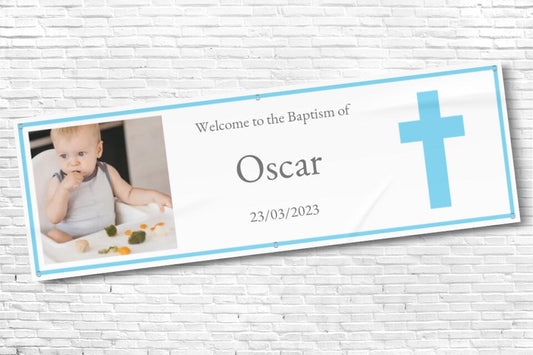 Personalised Baptism Banner Blue Cross with any text and photo