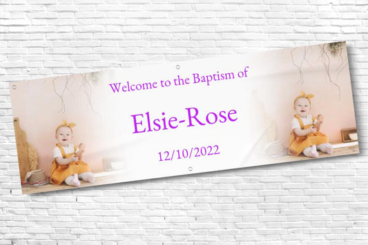 Personalised twin Photo with fade Baptism Banner with Purple text