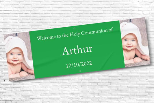 Personalised twin Photo Green Holy Communion Banner