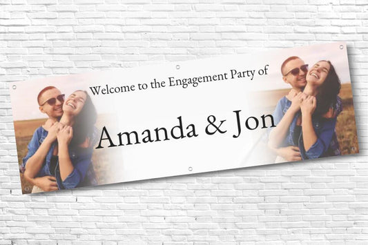 Personalised twin Photo with fade Engagement Party Banner with Black Text
