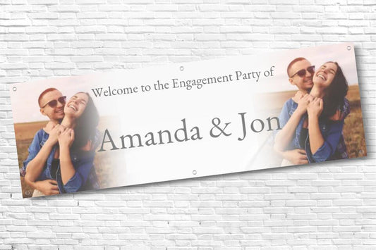 Personalised twin Photo with fade Engagement Party Banner with Grey Text