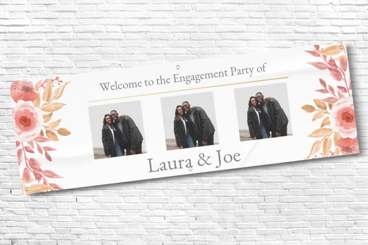 Personalised Three Photo Floral Engagement Party Banner with any text