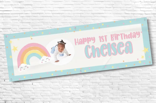 Personalised Girls Rainbow 1st Birthday Banner with Any Photo and Any Name