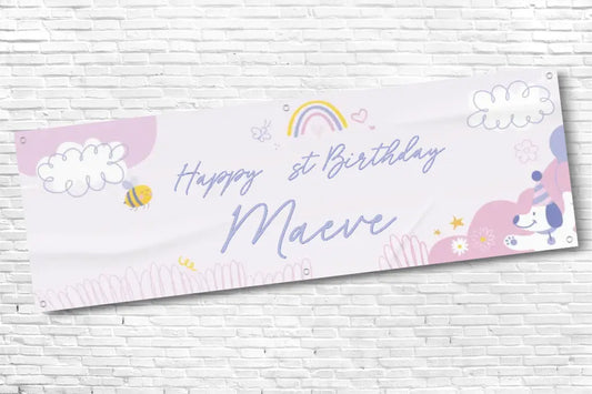 Personalised Girls Rainbow Dog and Bee 1st Birthday Banner