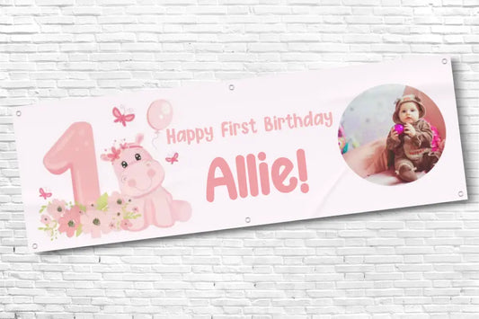 Personalised Girls Pink Hippo 1st Birthday banner