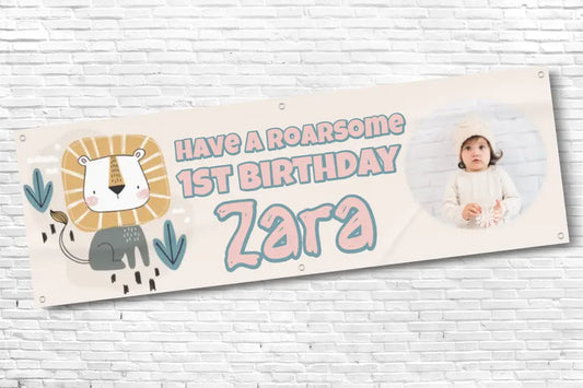 Personalised Girls Lion 1st Birthday Banner With Any Photo and Any Text