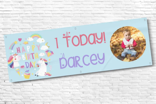 Personalised Girls Unicorn and Rainbow 1st Birthday Banner With Any Photo and Any Text