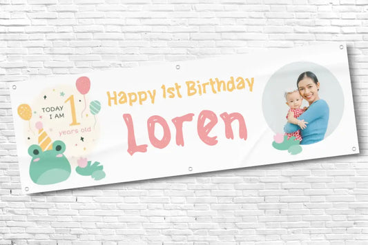 Personalised Girls Frog 1st Birthday Banner With Any Photo and Any Text