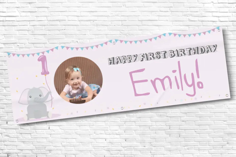 Personalised Girls Bunting and Elephant Holding Balloon 1st Birthday Banner With Any Photo and Any Text