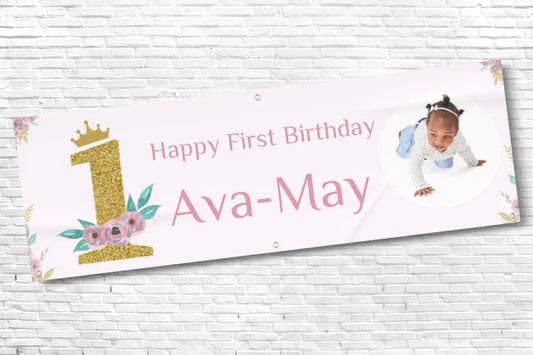 Personalised Girls Gold 1 with Flowers 1st Birthday Banner With Any Photo and Any Text