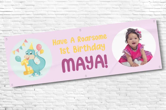 Personalised Girls Pink 1st Birthday Banner With Dinosaur With Any Photo and Any Text