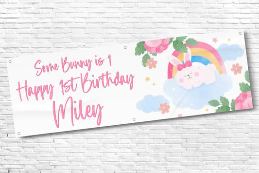 Personalised Girls 1st Some Bunny is 1 Birthday Banner With Any Text