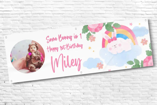 Personalised Girls 1st Some Bunny is 1 Birthday Banner With Any Photo and Any Text