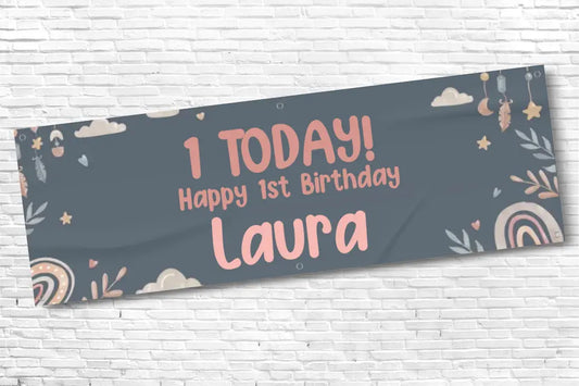 Personalised Girls 1st Navy Birthday Boho Banner With Any Text