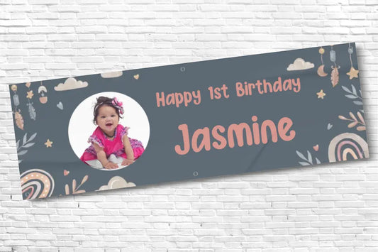 Personalised Girls 1st Navy Birthday Boho Banner With Any Text and Any Photo