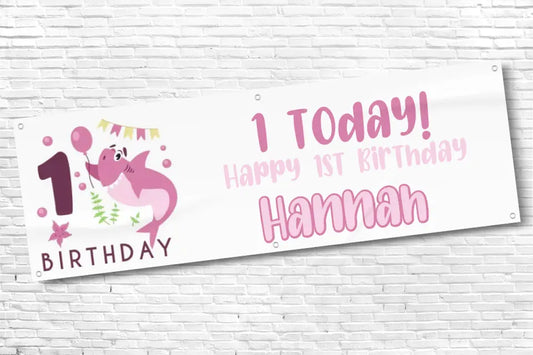 Personalised Girls 1st Pink Shark Birthday Banner With Any Text