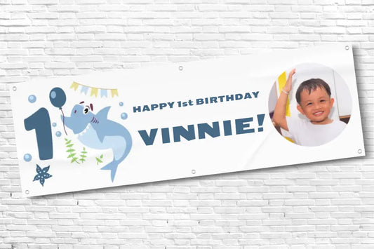 Personalised Boys 1st Blue Shark Birthday Banner With Any Text