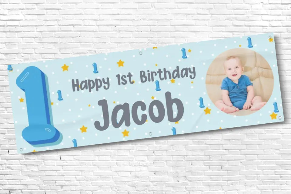 Personalised Boys 1st Blue Number 1 Birthday Banner With Any Text and Any Photo