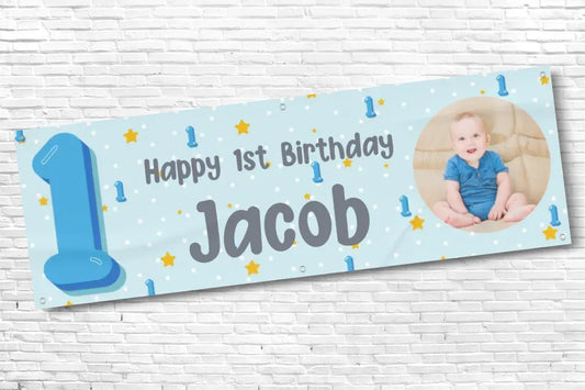 Personalised Boys 1st Blue Number 1 Birthday Banner With Any Text and Any Photo