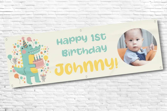 Personalised Boys 1st Crocodile Birthday Banner With Any Text and Any Photo