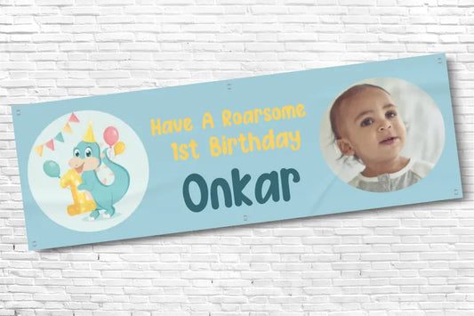 Personalised Boys Dinosaur 1st Birthday Banner With Any Text and Any Photo