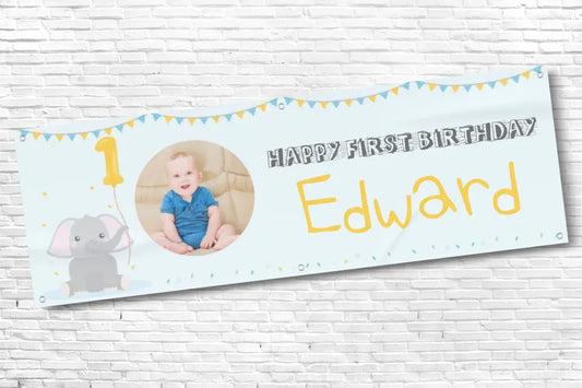 Personalised Boys Elephant Holding Balloon 1st Birthday Banner With Any Text and Any Photo