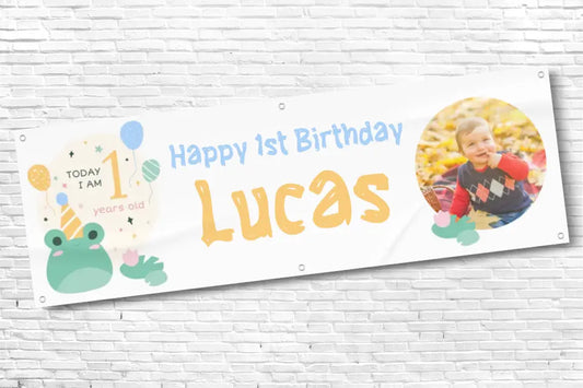 Personalised Boys Frog 1st Birthday Banner With Any Text and Any Photo