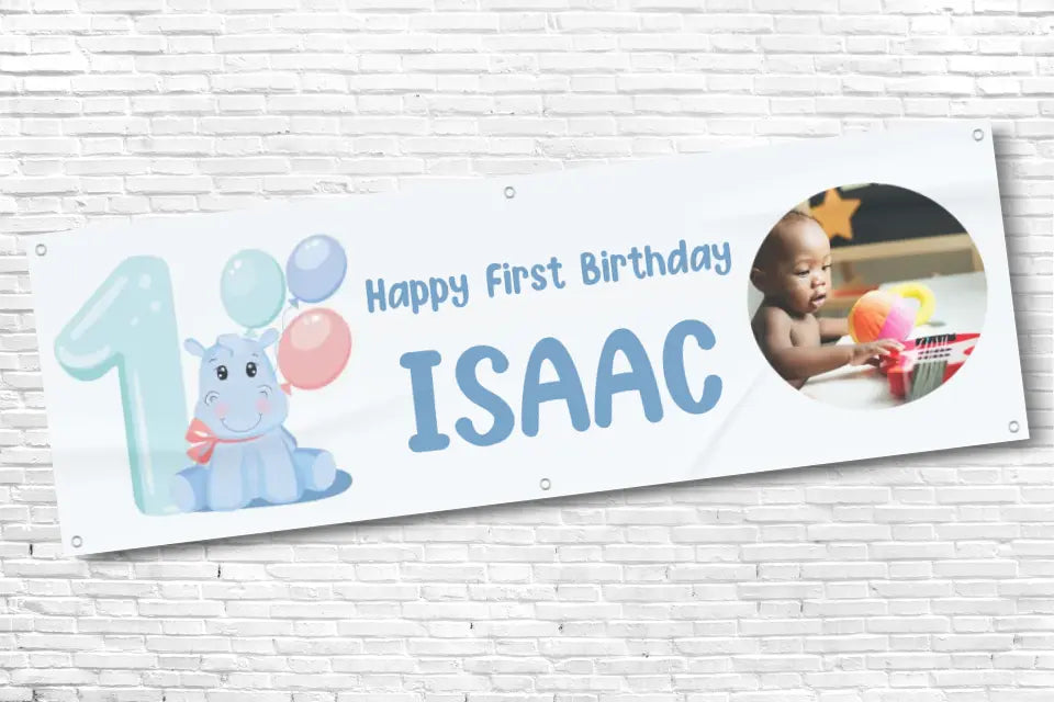 Personalised Boys Blue Hippo 1st Birthday Banner With Any Text and Any Photo