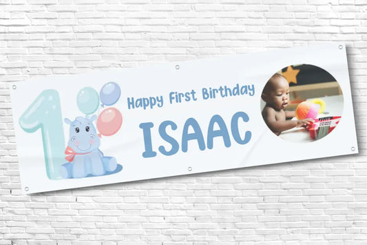 Personalised Boys Blue Hippo 1st Birthday Banner With Any Text and Any Photo